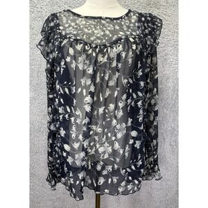Lucky Brand Womens Top Peasant Sheer Blue Floral Ruffles Boho Keyhole 2X